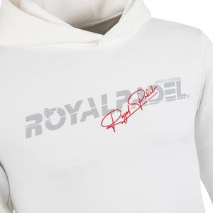 White hoodie with 'Royal Padel' branding in grey and red  on a white background