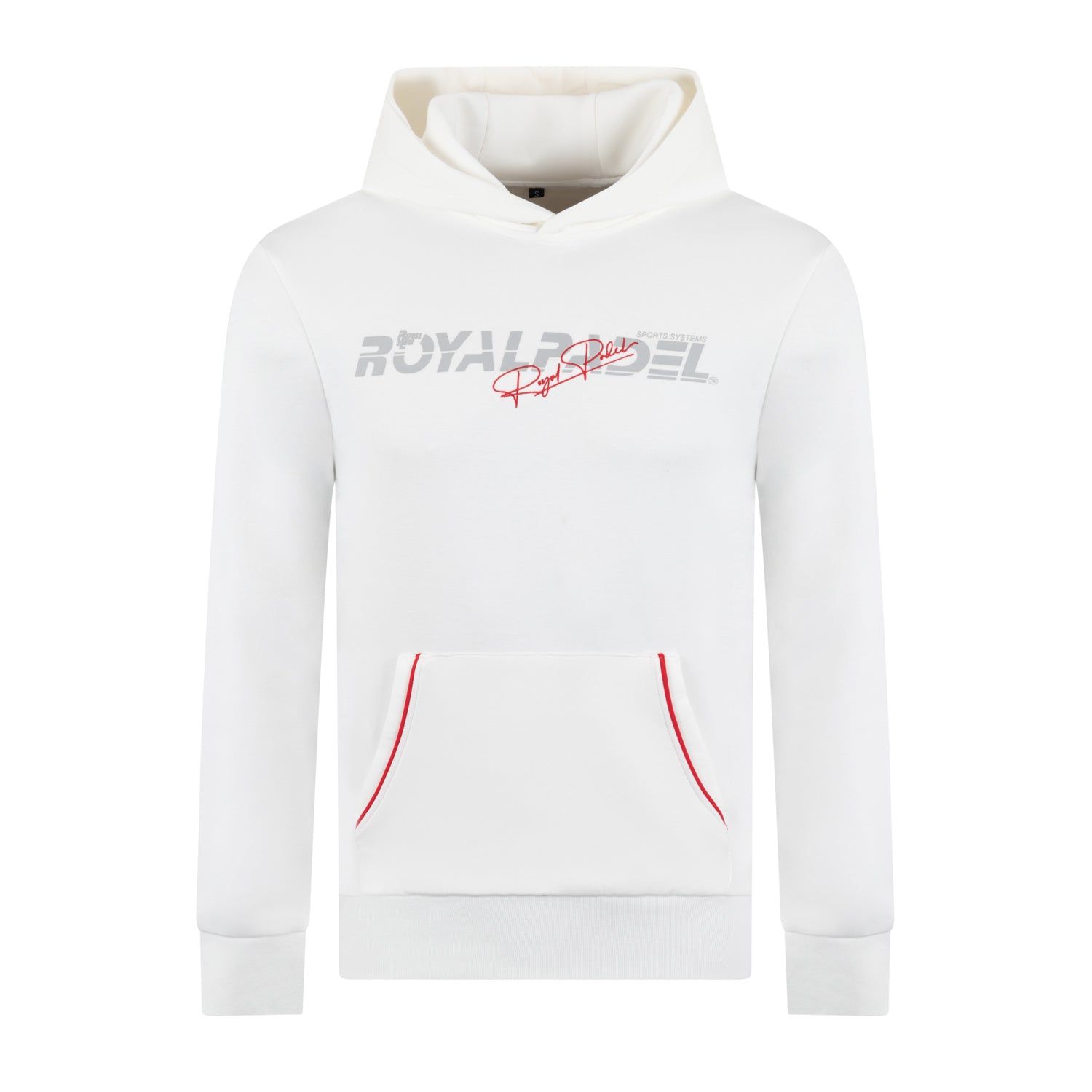 Royal Padel White hoodie with red logo branding on a white background