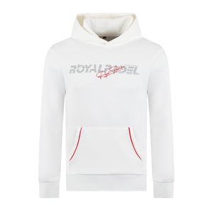 Royal Padel White hoodie with red logo branding on a white background
