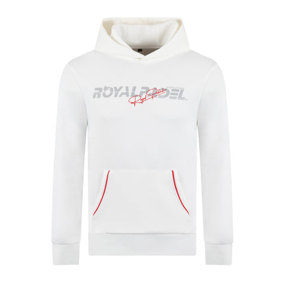Royal Padel White hoodie with red logo branding on a white background
