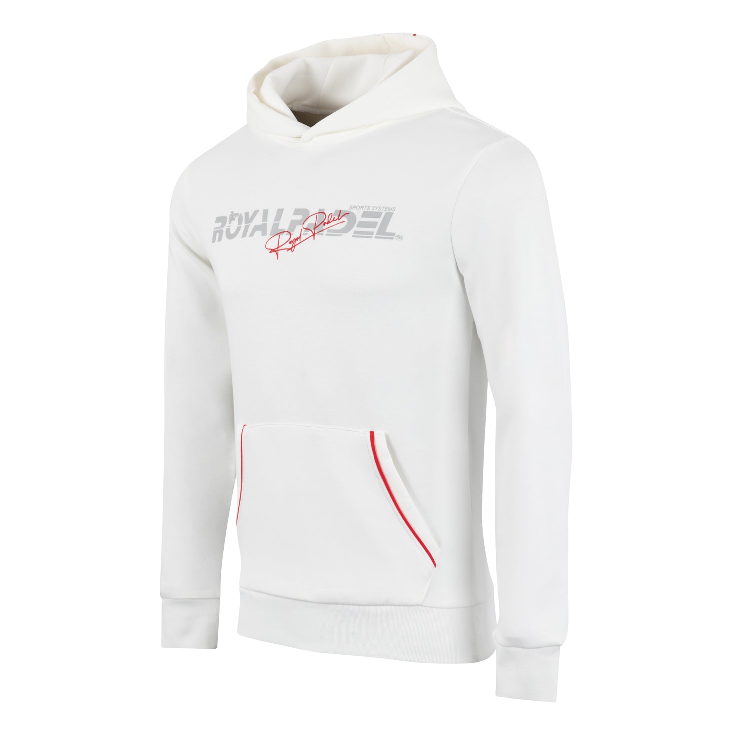 White Royal Paddle women's hoodie with red accents and Royal Padel logo in grey and red with red detail on pockets
