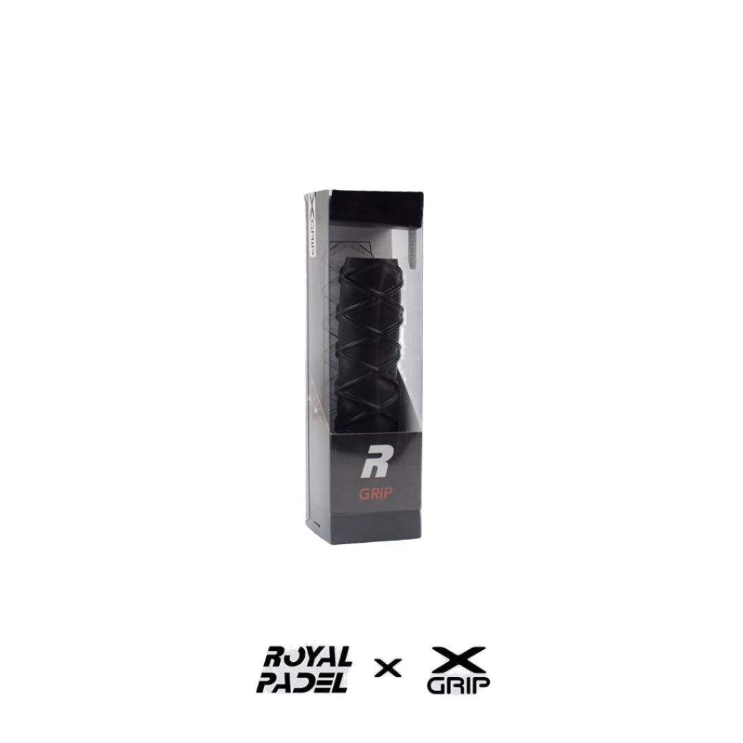 Black padel racket grip in packaging with Royal Padel branding on a white background