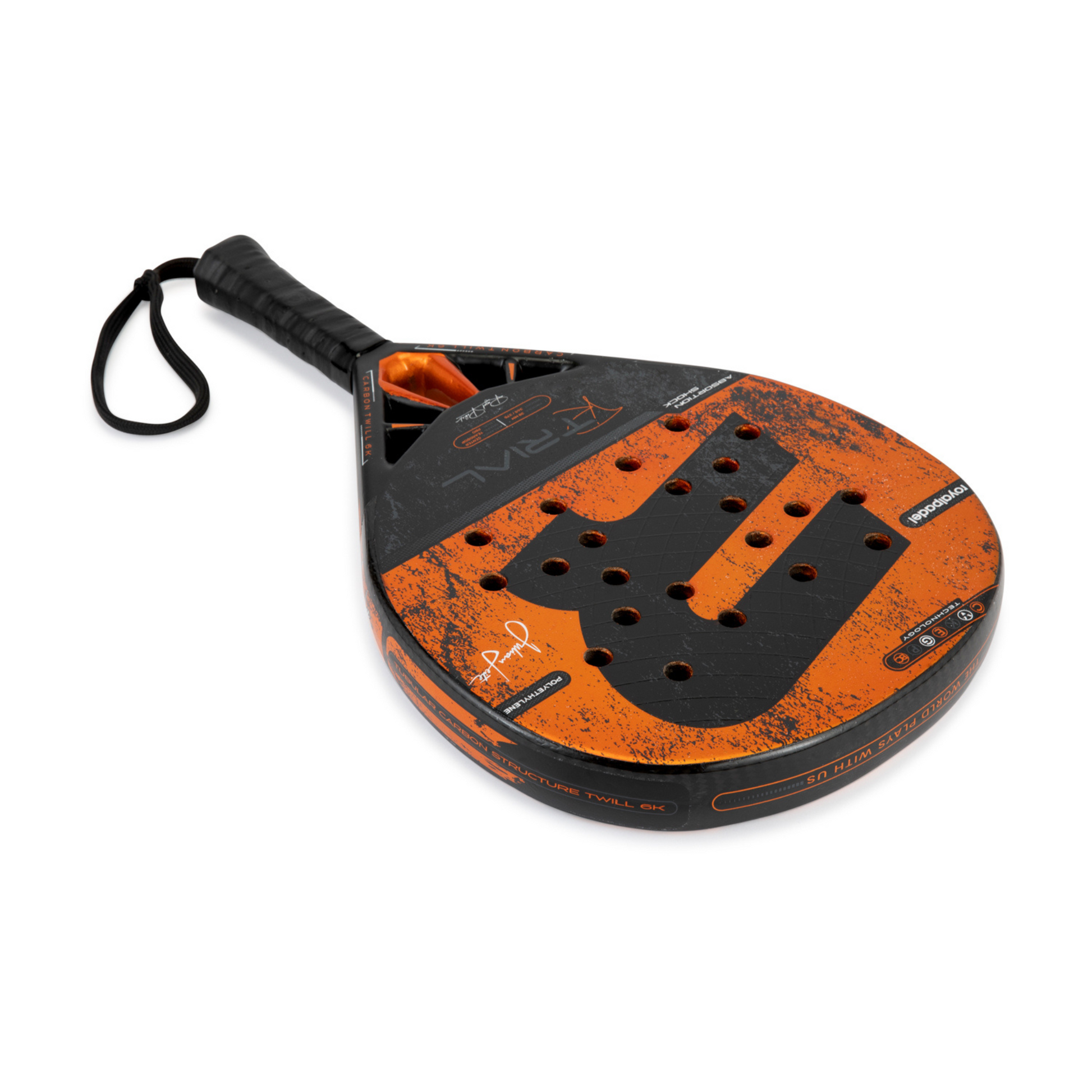Royal Padel R Trial Limited Edition Orange and Black 2025 Padel Racket pictured from top 