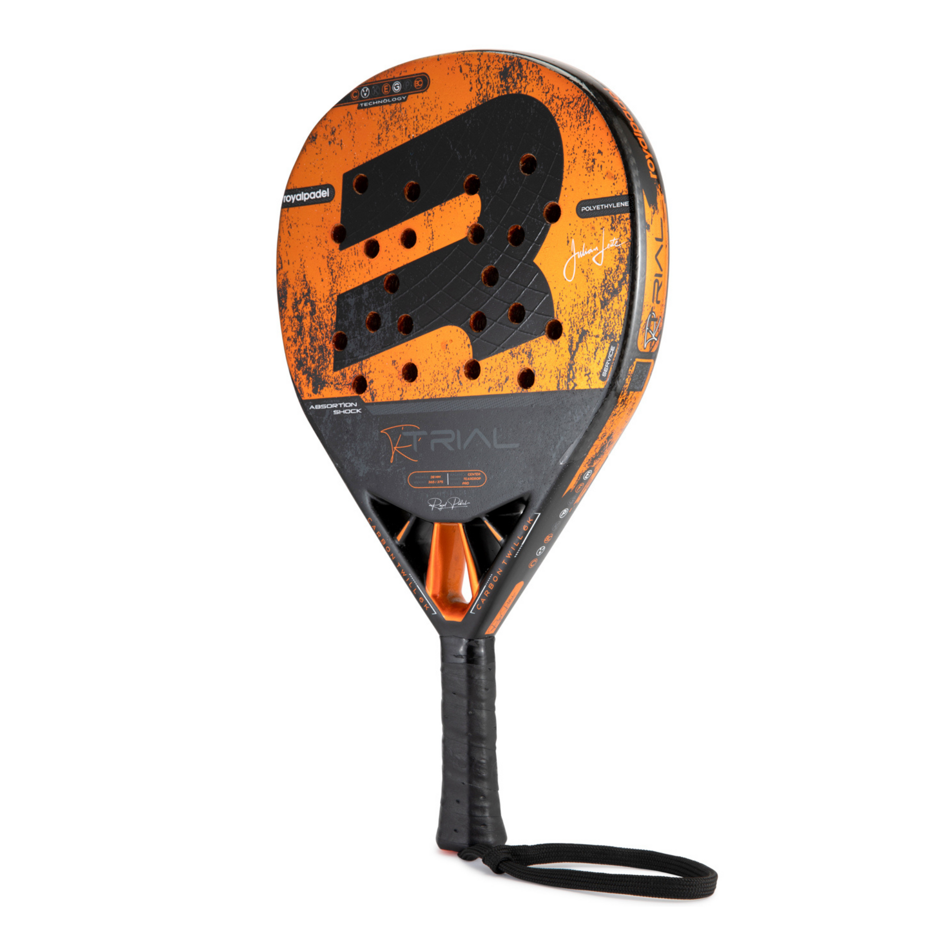 Orange and black R Trial padel racket with visible branding on a white background to side