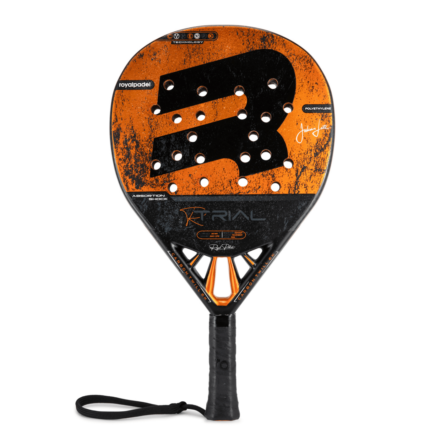 Orange and black Royal Padel racket with R Trial branding on a white background