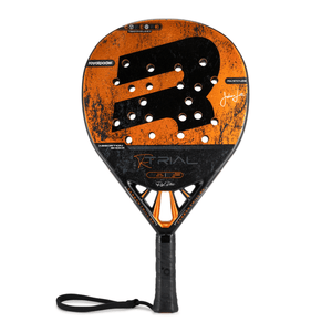 Orange and black Royal Padel racket with R Trial branding on a white background