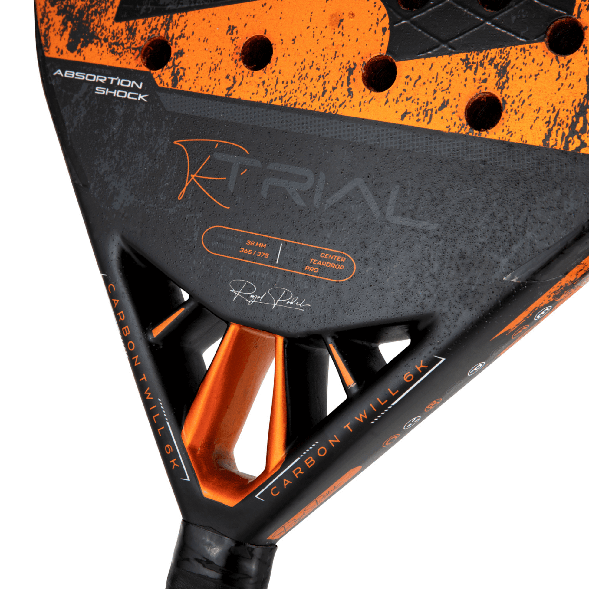 Close-up of a black and orange padel racket with 'R TRIAL' branding on a white background