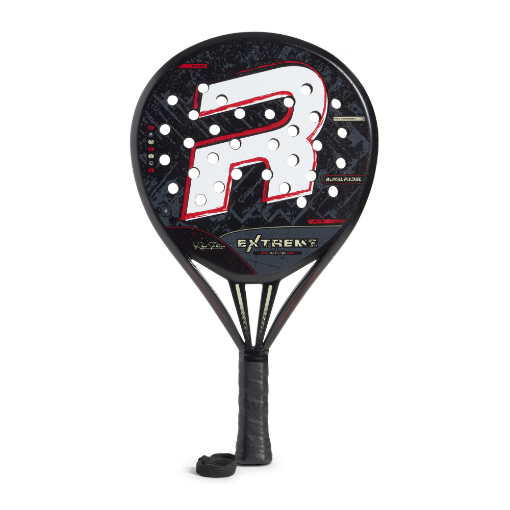 Black, white and red Royal Padel Whip padel racket on a white background.