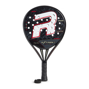 Black, white and red Royal Padel Whip padel racket on a white background.