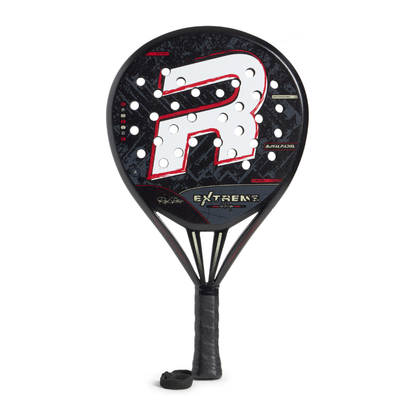 Black, white and red Royal Padel Whip padel racket on a white background.