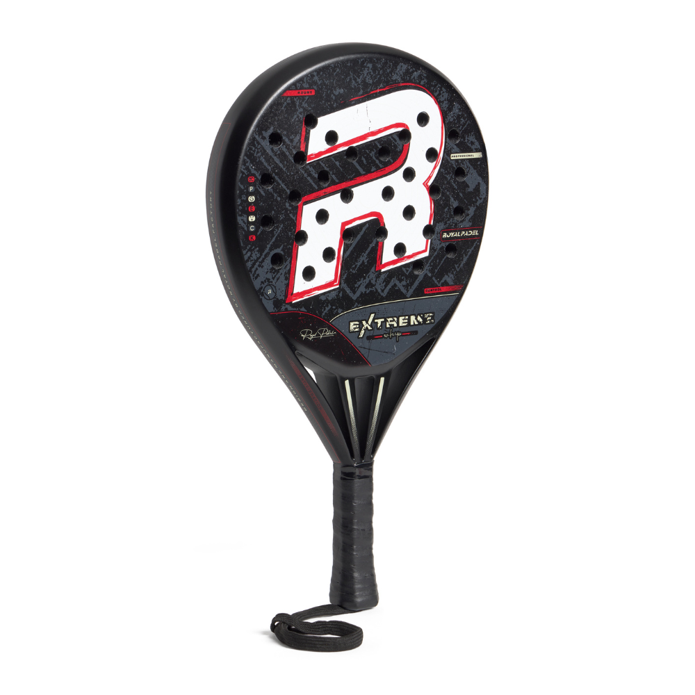 Black, white and red Royal Padel Whip padel racket on a white background.