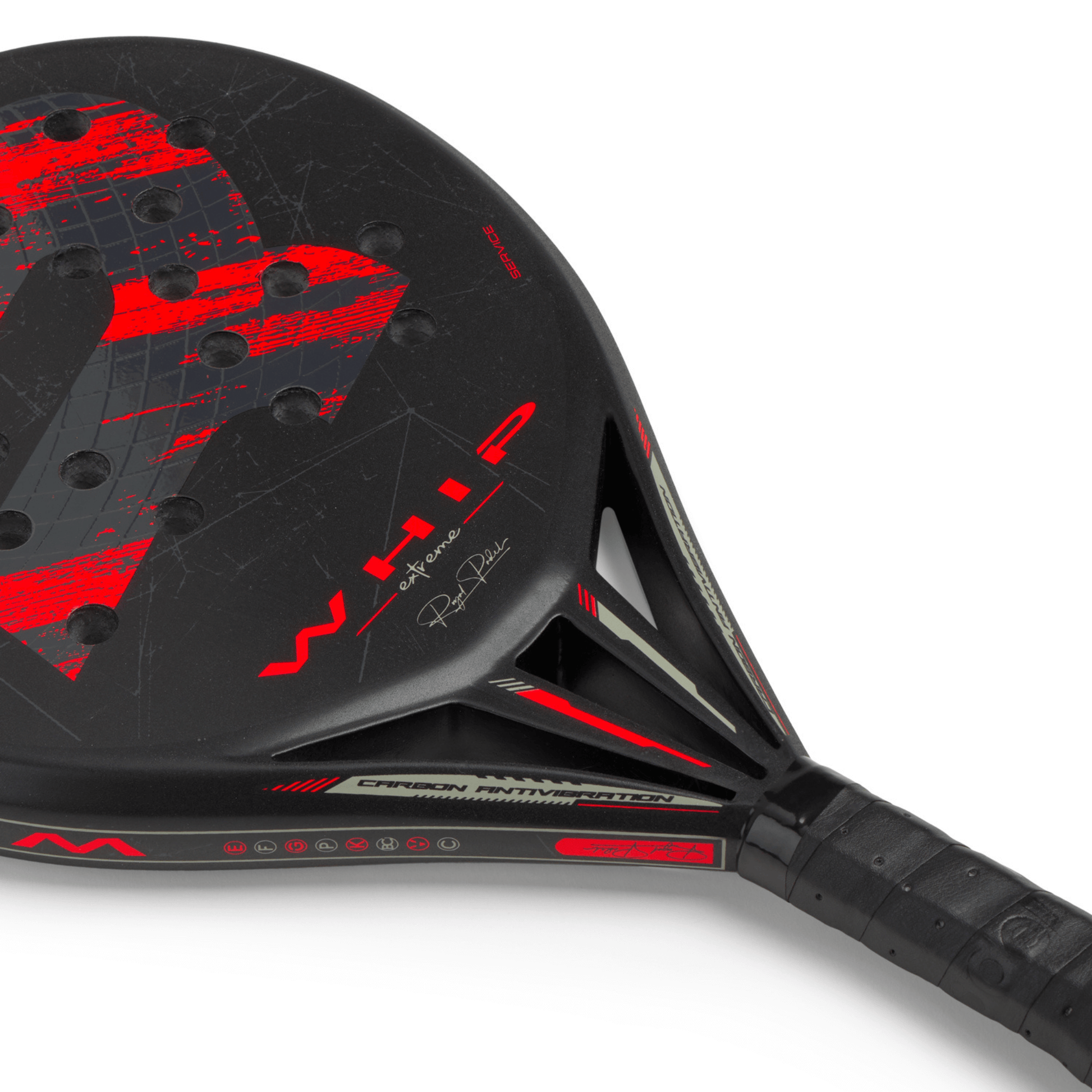 Black and red Royal Padel Whip Extreme racket on a white background