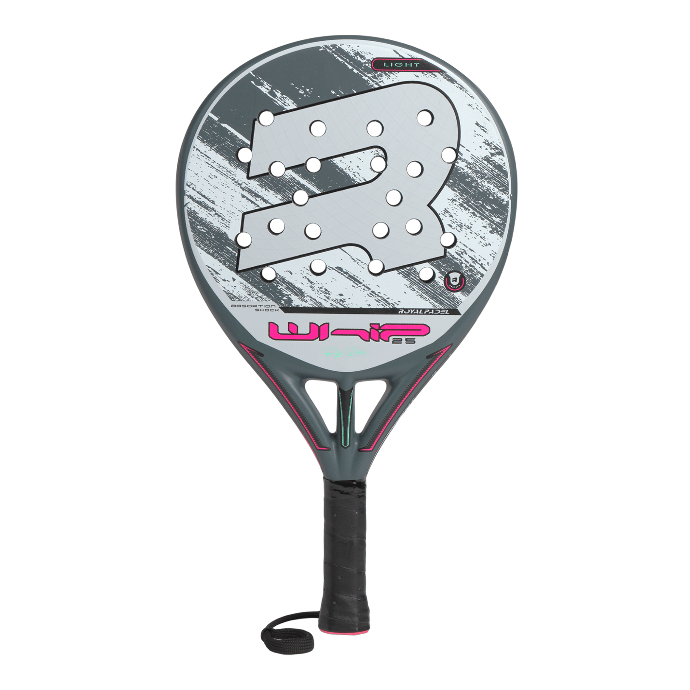 Grey Royal Padel racket with pink 'WHIP' branding on a white background.