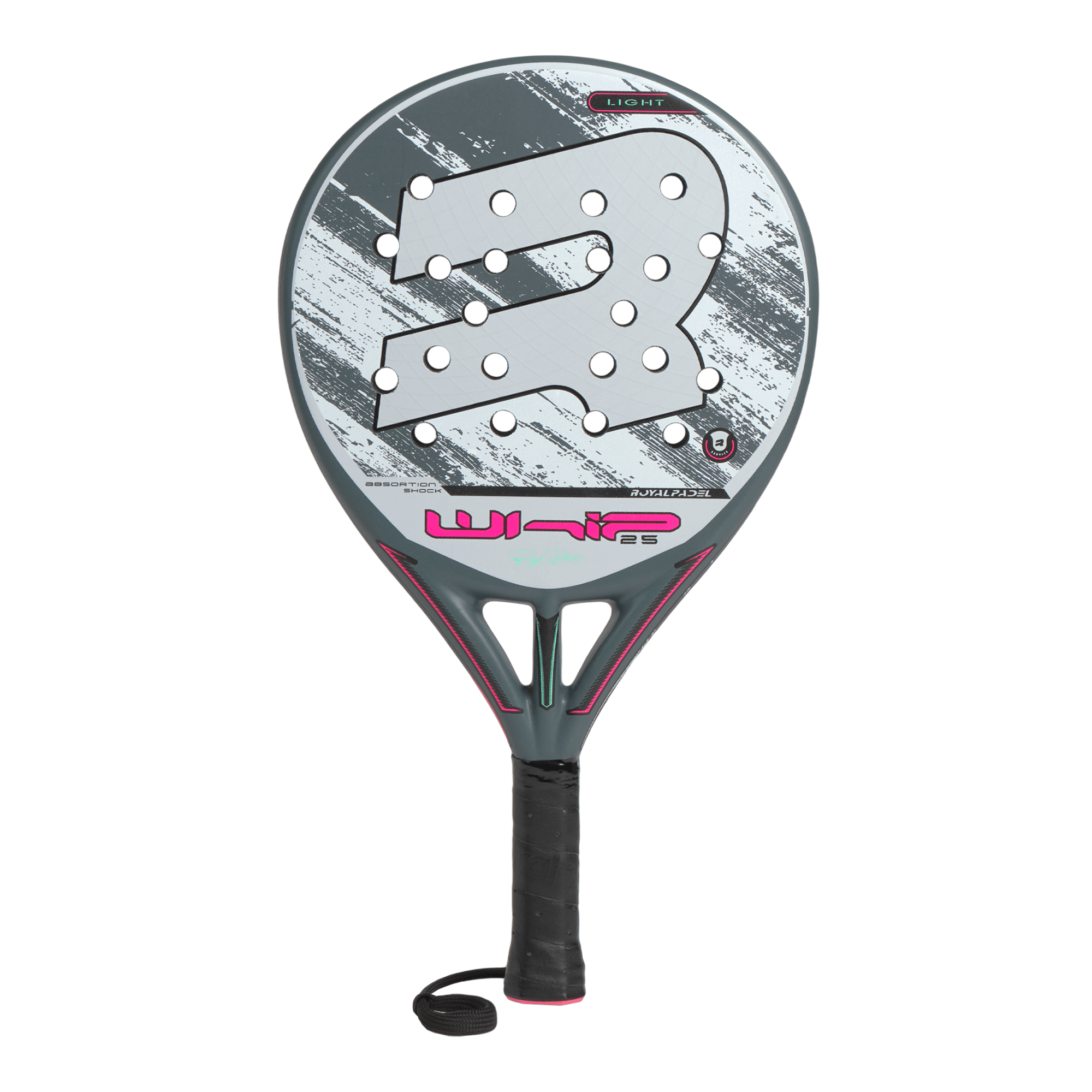 Grey Royal Padel racket with pink 'WHIP' branding on a white background.