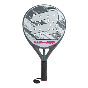Grey Royal Padel racket with pink 'WHIP' branding on a white background.