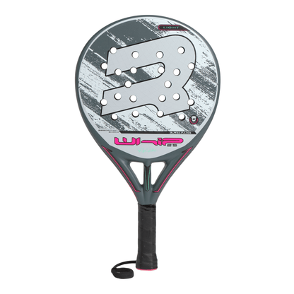Grey Royal Padel racket with pink 'WHIP' branding on a white background.
