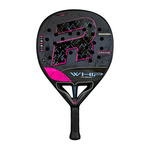 A black Royal Padel Whip padel racket with pink branding on a white background.