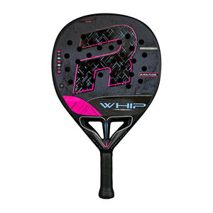 A black Royal Padel Whip padel racket with pink branding on a white background.