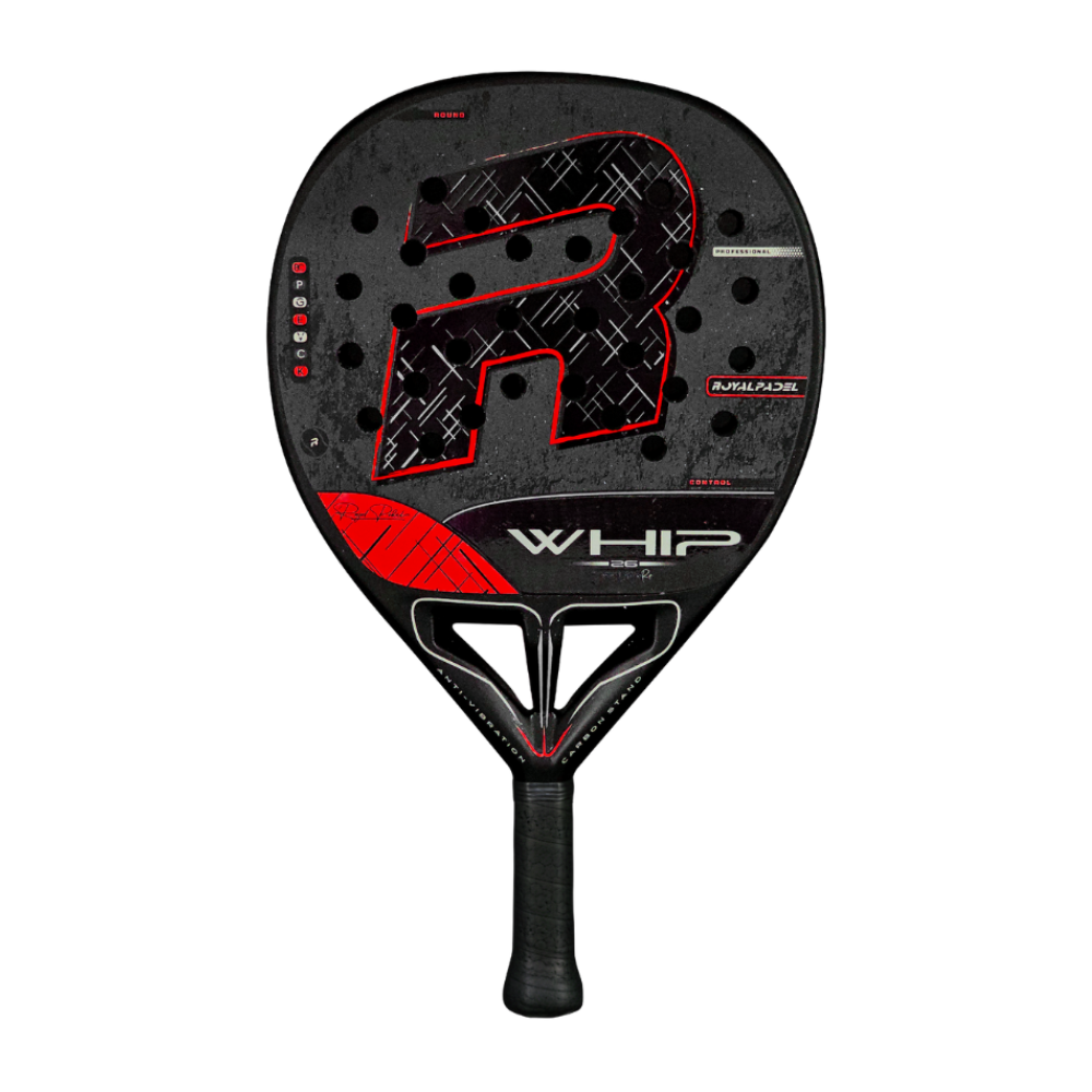 A black Royal Padel Whip padel racket with red branding on a white background.