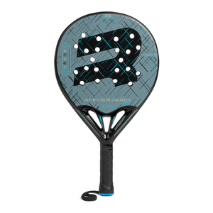 Royal padel Anniversario light blue and black padel racket with R logo in black on whte background