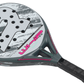 Close-up of a Royal Padel racket in grey with pink whip branding on white background