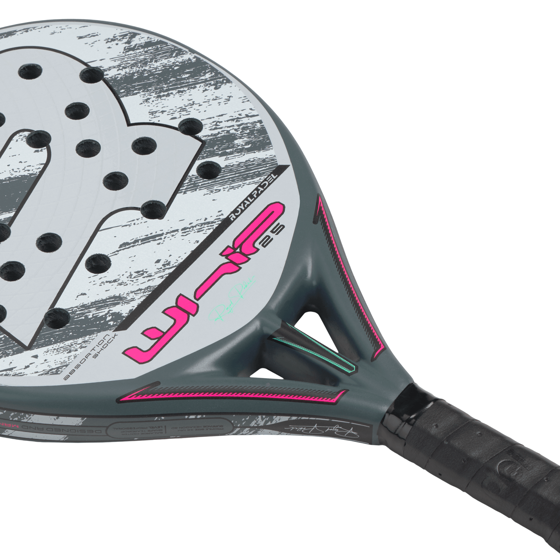 Close-up of a Royal Padel racket in grey with pink whip branding on white background