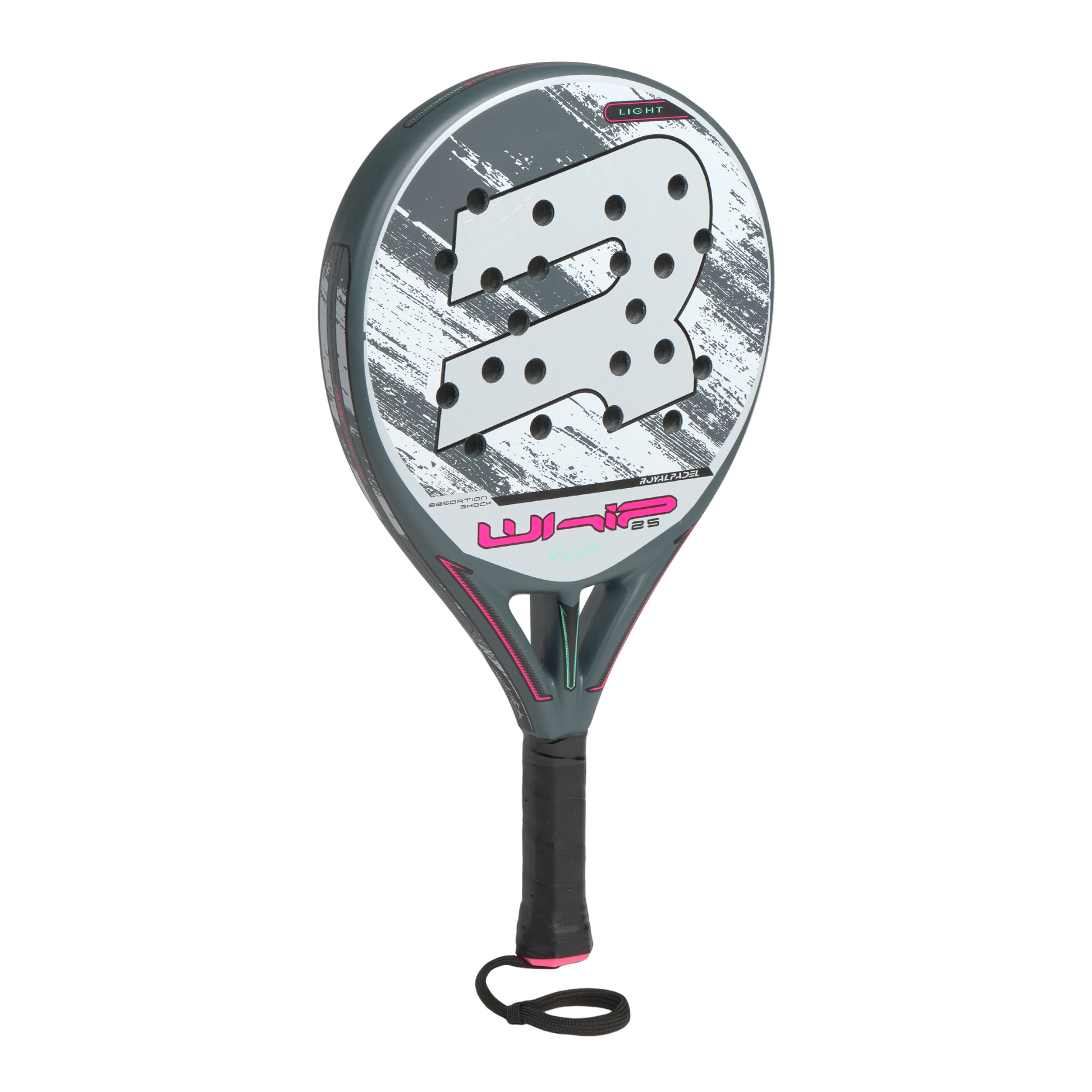 Paddle racket with Royal Padel whip brand logo on a white background to the side view