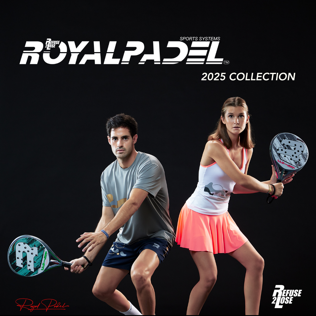 Royalpadel 2025 collection, man and woman on black background holding padel rackets