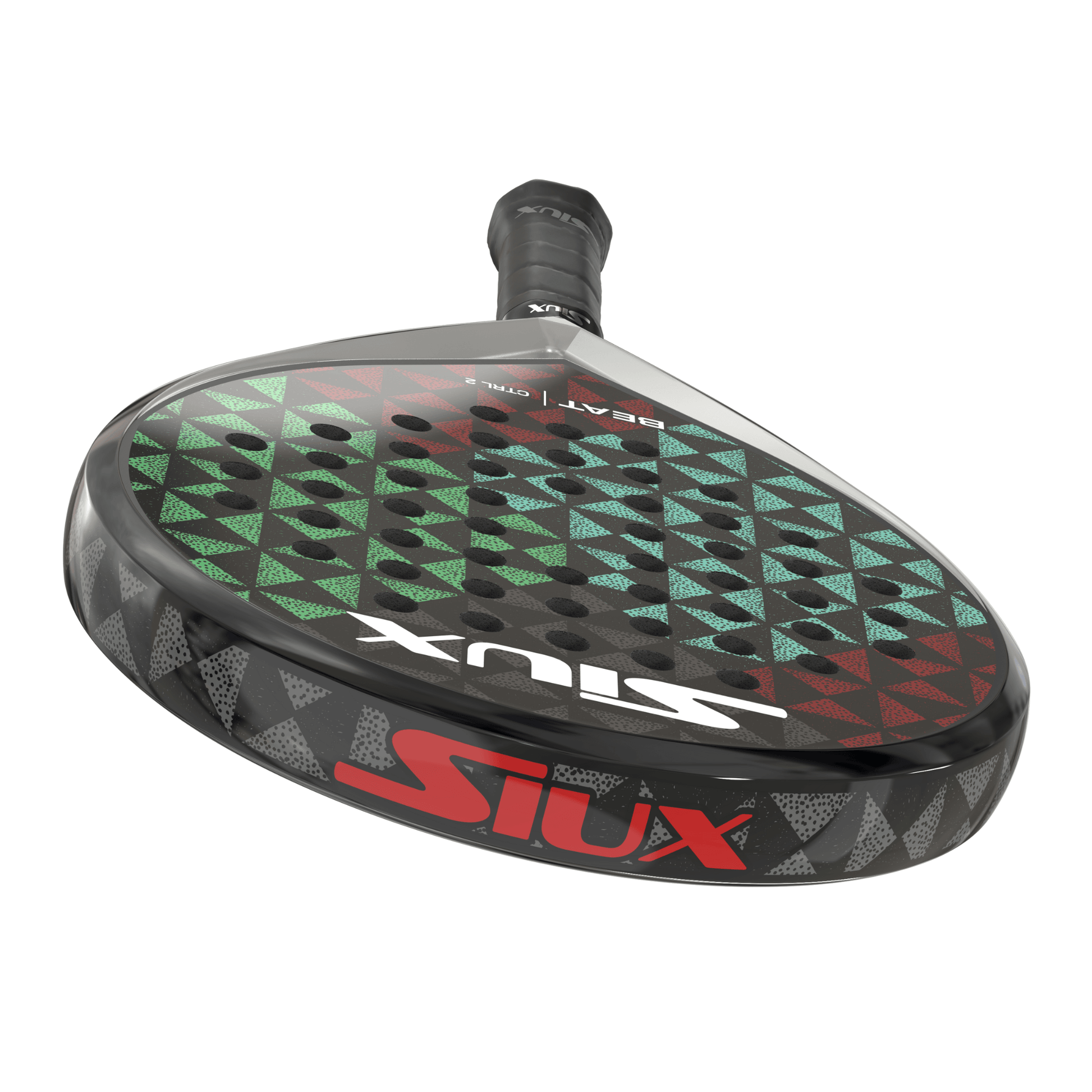Black Siux padel tennis racket with a red and green geometric pattern on a white background