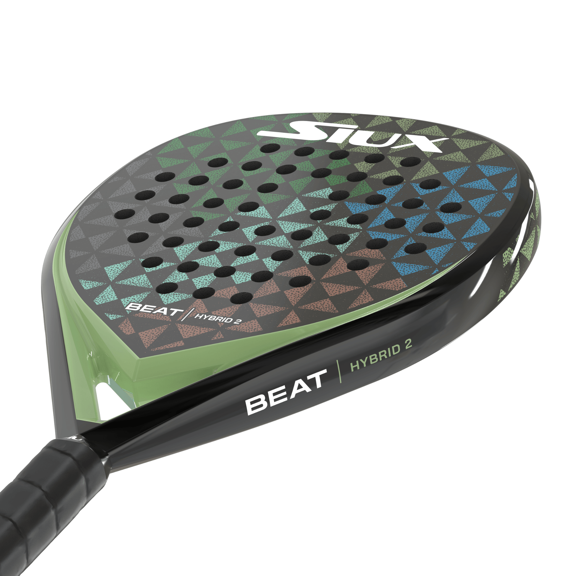 Siux Padel racket with geometric pattern on the face on a white background