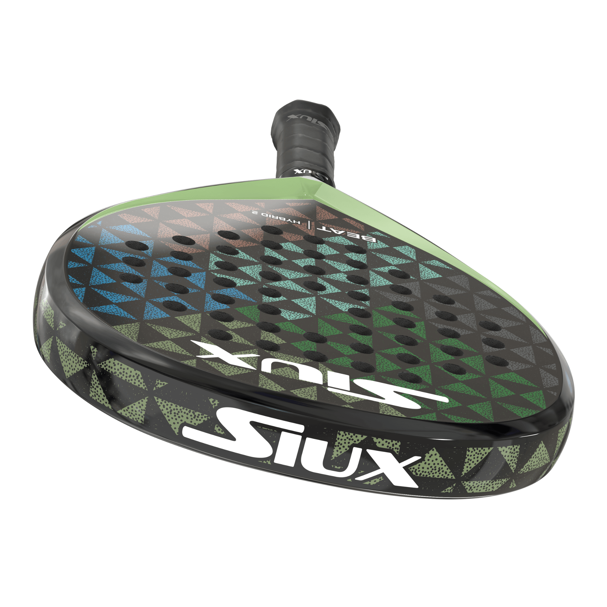 Siux padel tennis racket with green and black geometric design on a white background