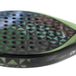 Side view of a Siux padel tennis racket with a geometric pattern on the face.
