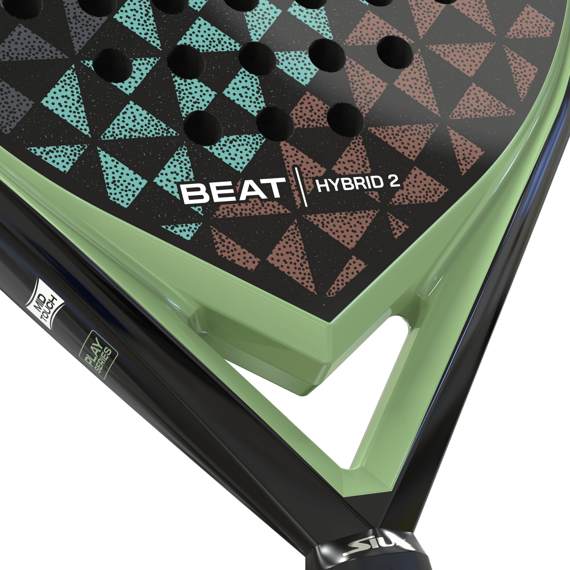 Close-up of a Siux padel tennis racket with 'BEAT Hybrid 2' branding on a geometric patterned handle.