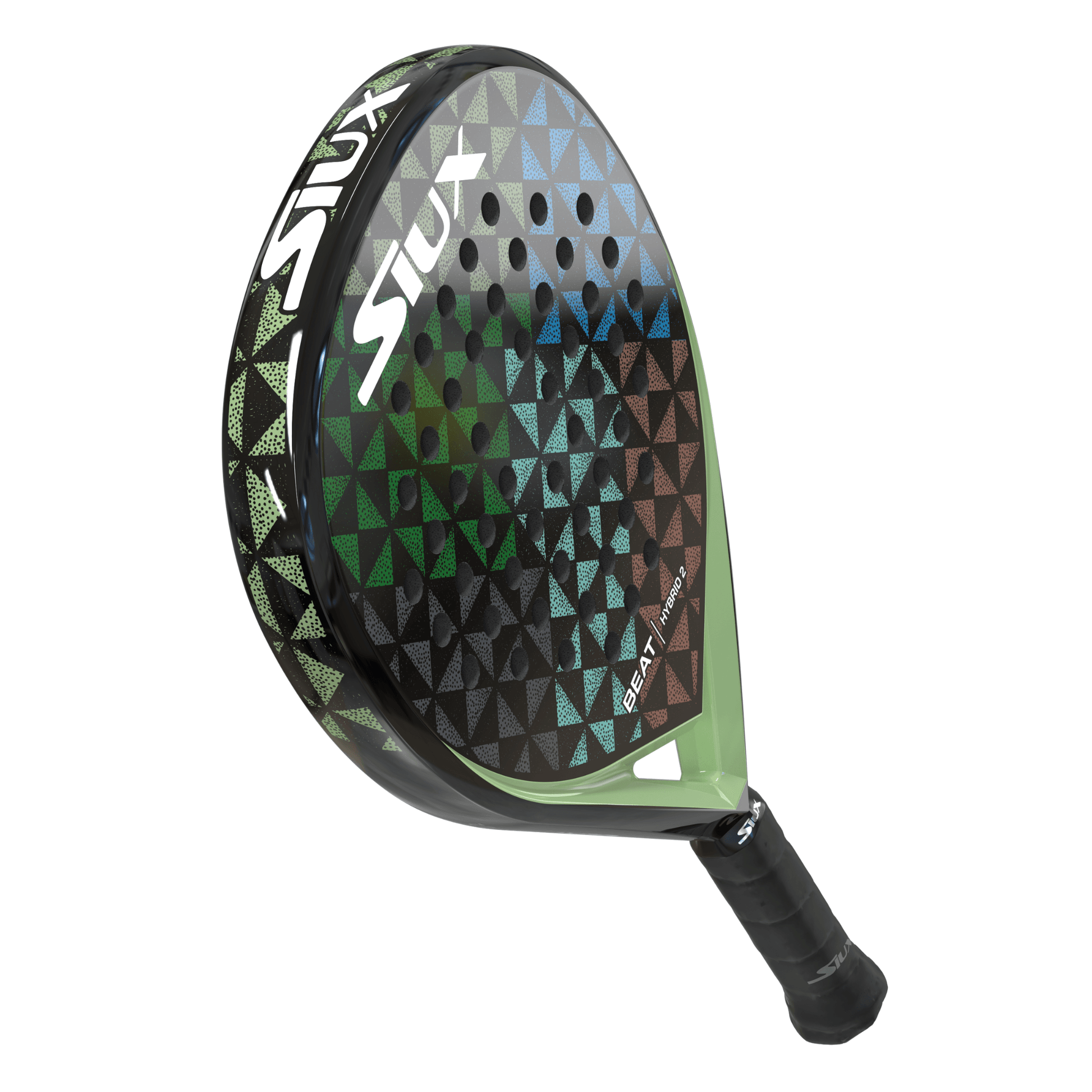 Black Siux 2025 padel tennis racket with colourful geometric face at an angle on a white background.