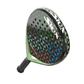 Black Siux padel racket with green geometric pattern on the face on a white background