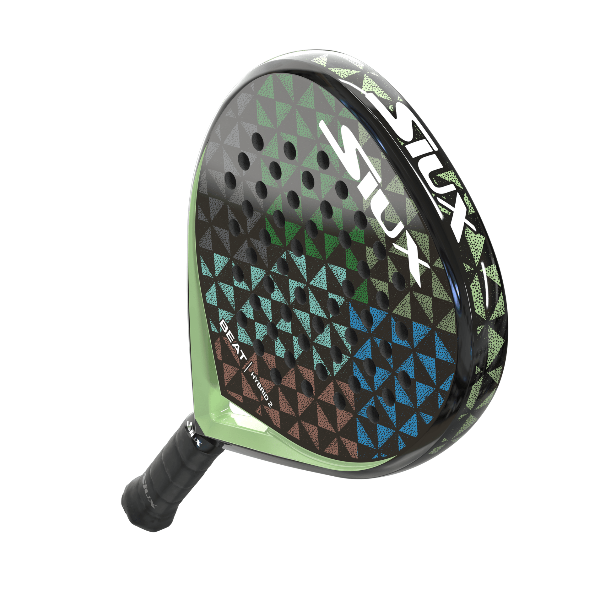 Black Siux padel racket with green geometric pattern on the face on a white background