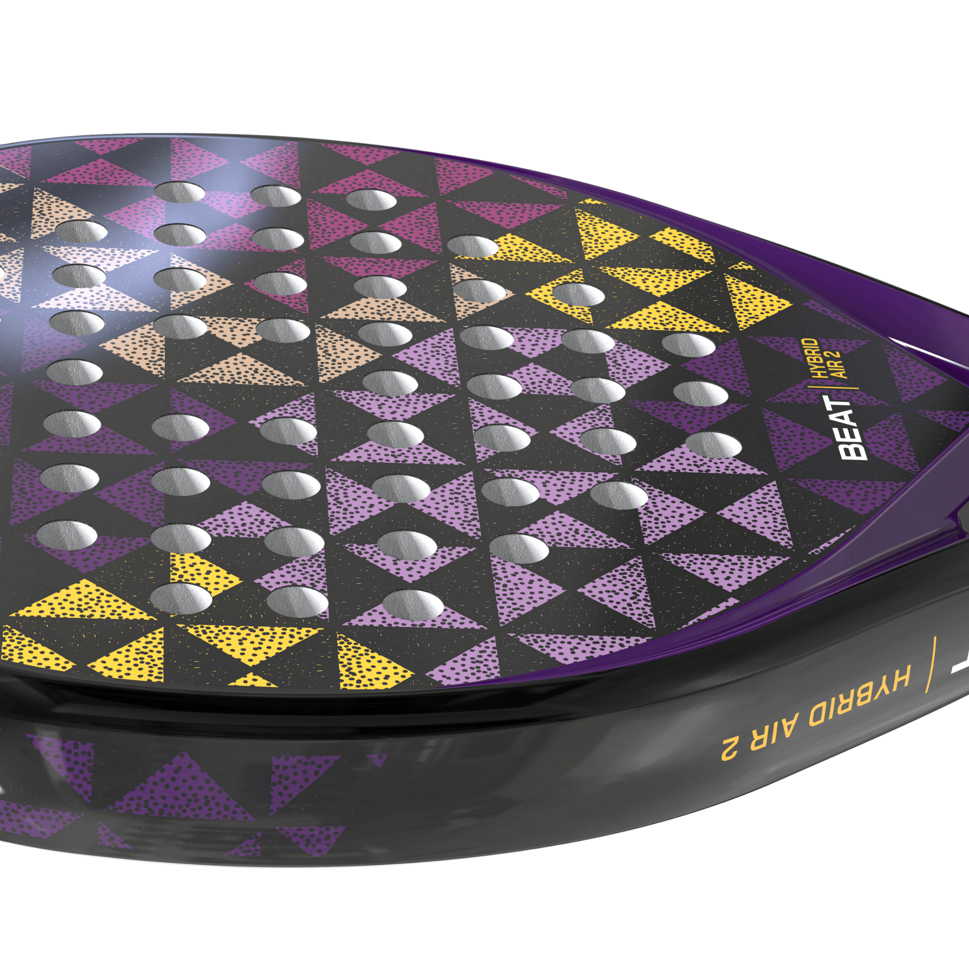 Purple Siux padel racket with geometric pattern on a white background