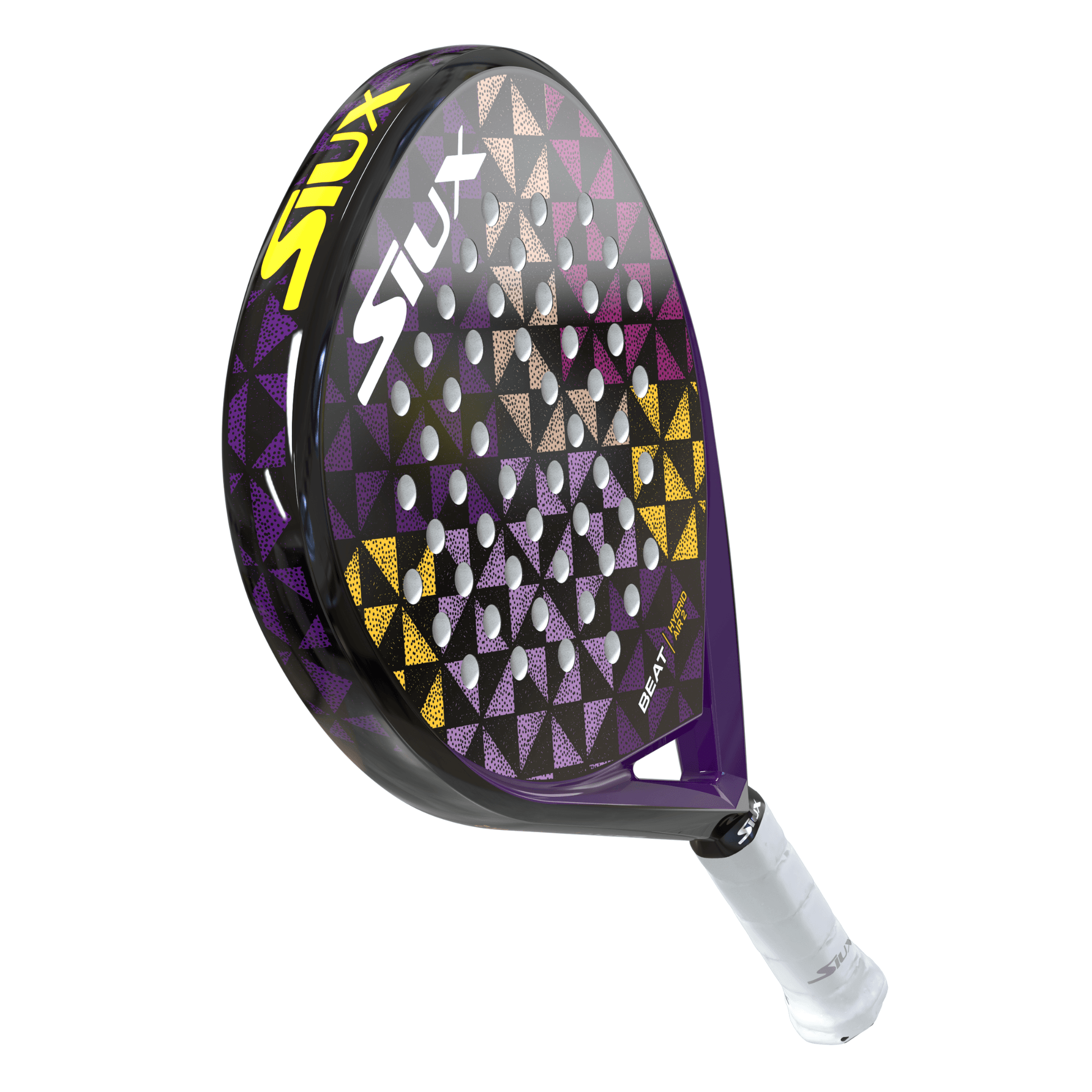 Purple Siux padel racket with a yellow accent at an angle on a white background.