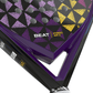 Close-up of a purple and black padel tennis racket with geometric pattern and 'Siux BEAT HYBRID AIR 2' branding.