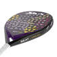 Siux purple padel racket with a geometric pattern on a white background