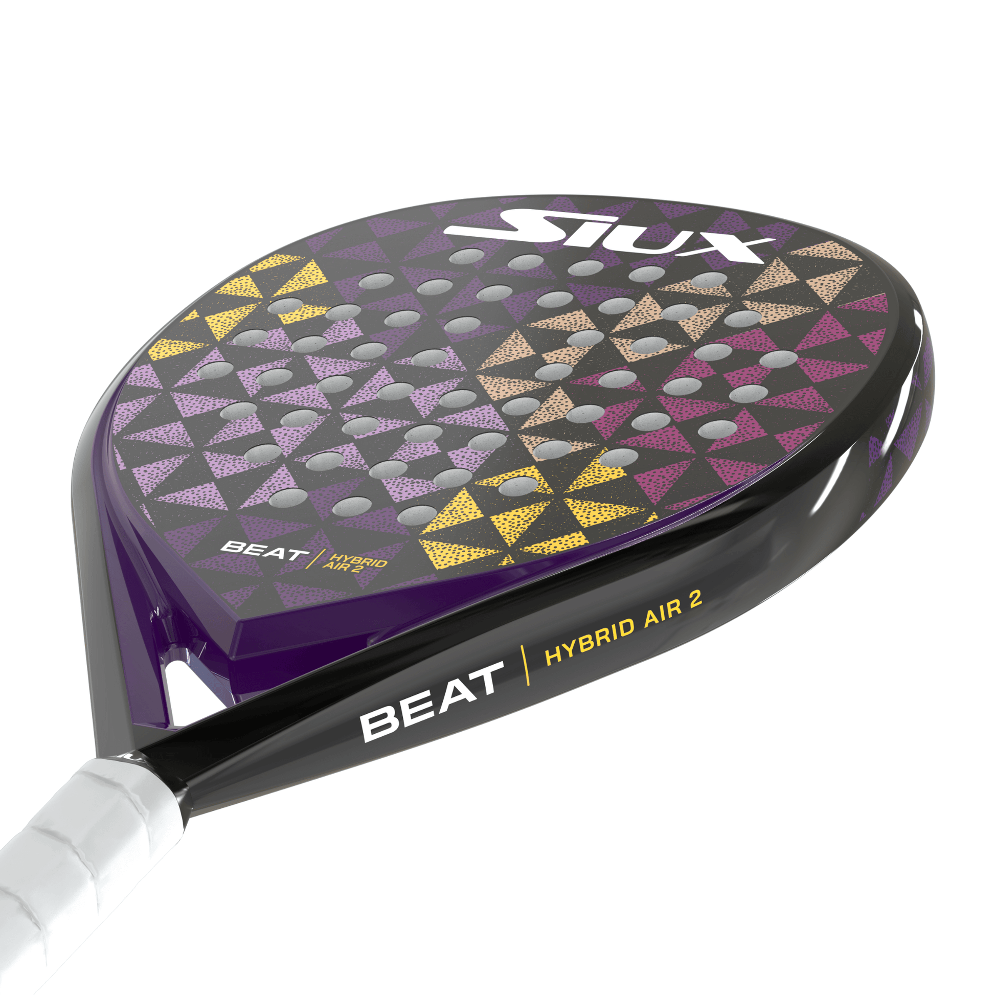 Siux purple padel racket with a geometric pattern on a white background