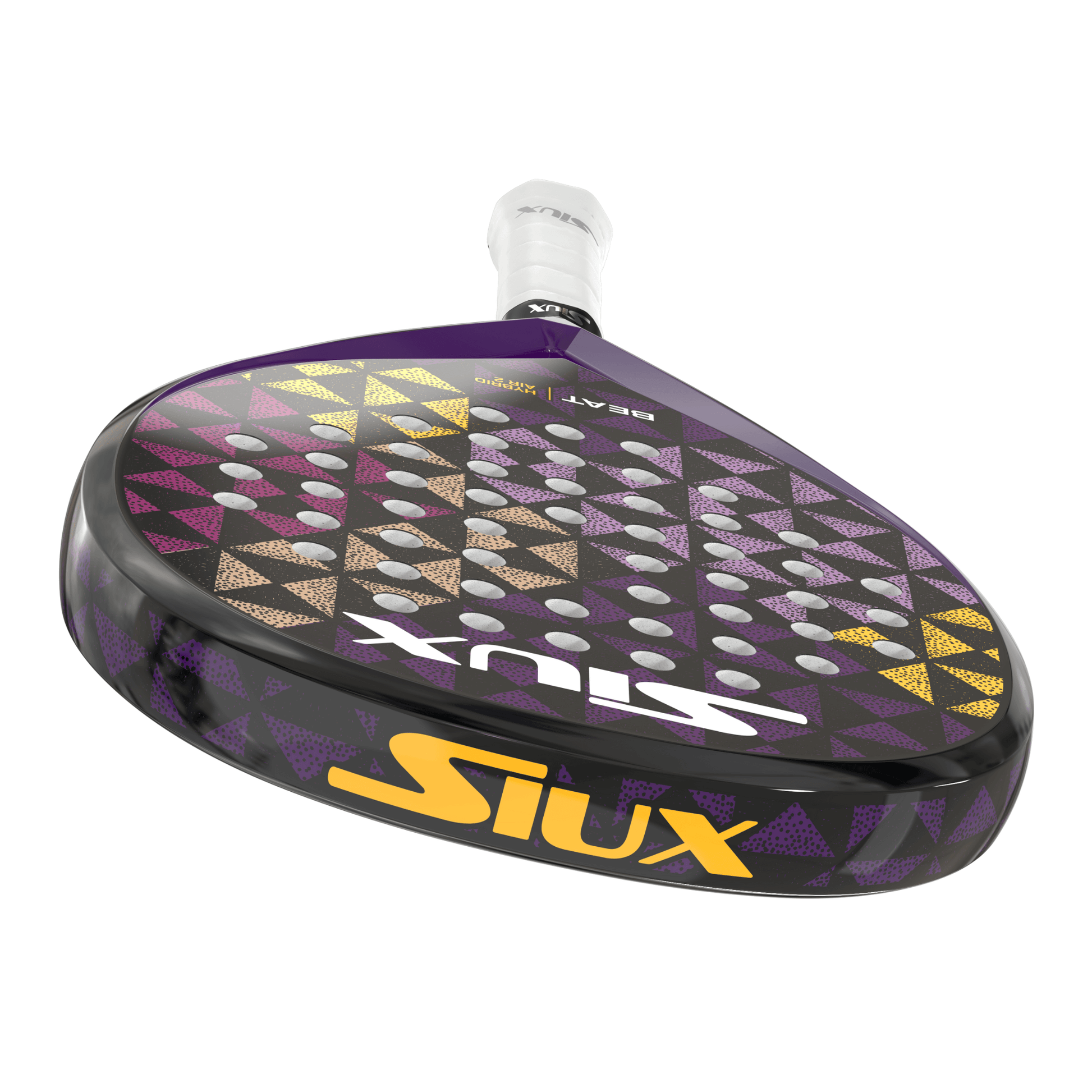 Purple Siux padel racket face with geometric pattern on a white background