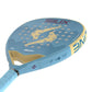 The face of a light blue Siux padel racket with cream accents and purple branding on a white background.