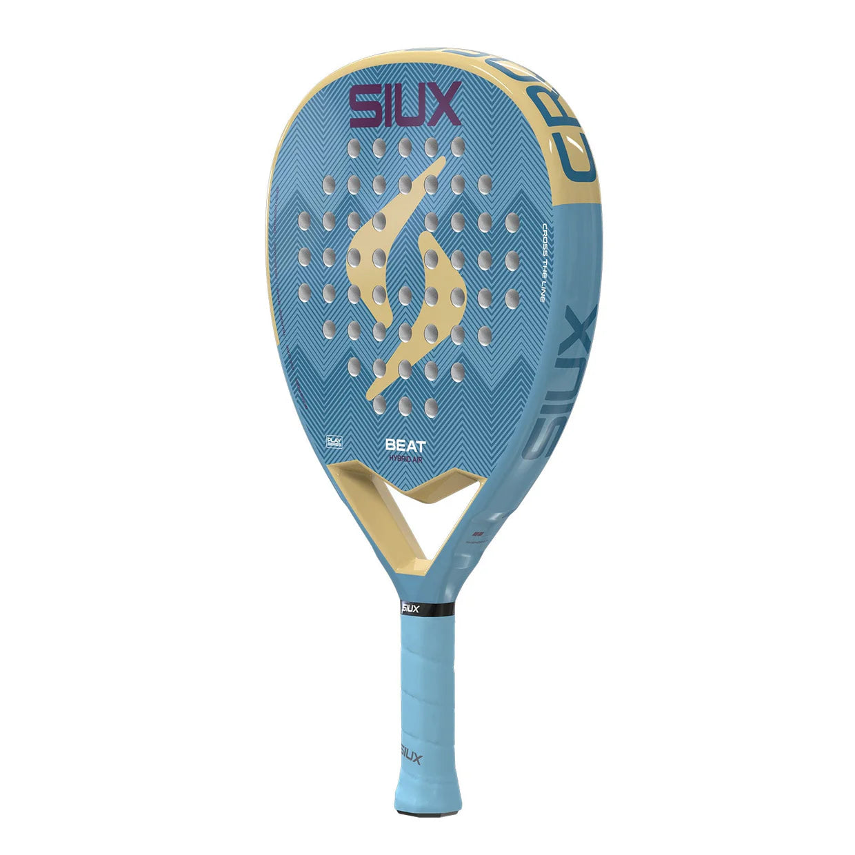 A light blue Siux padel racket with cream accents and purple branding on a white background.