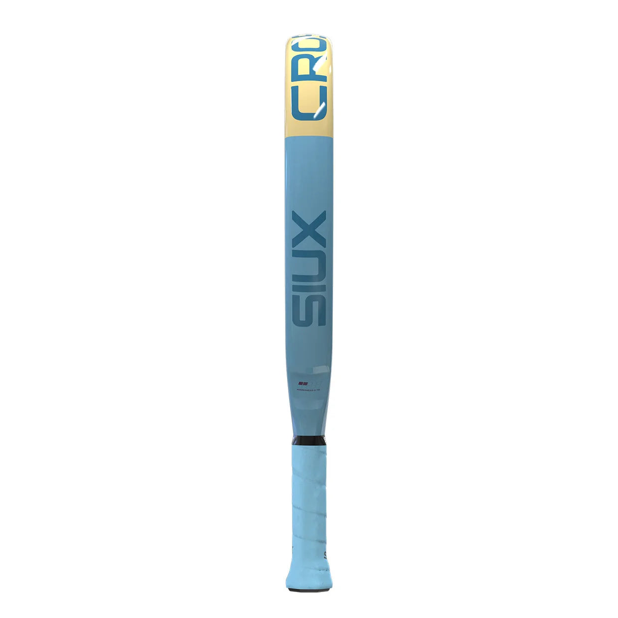 The side of a light blue Siux padel racket with cream accents and purple branding on a white background.