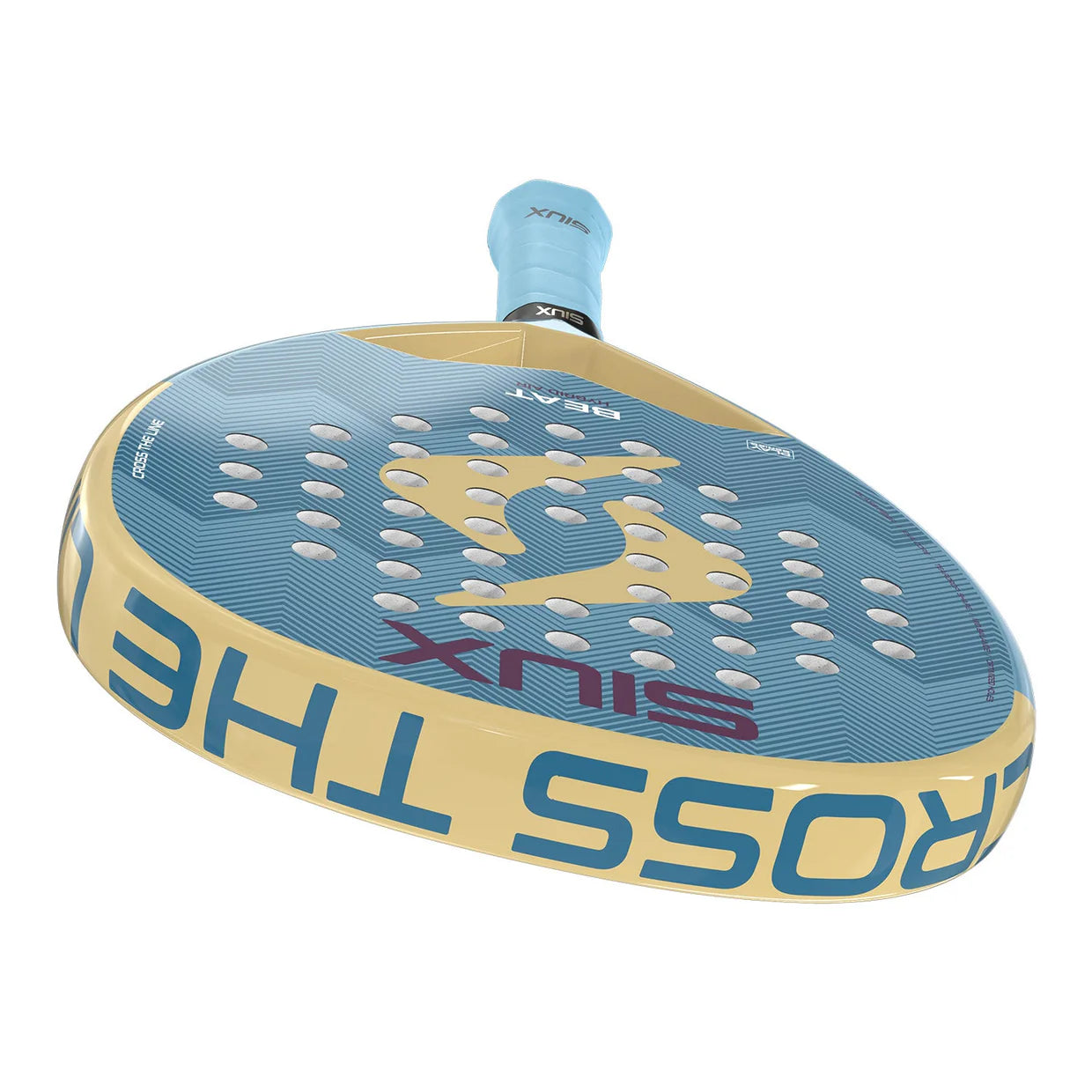 The top of a  light blue Siux padel racket with cream accents and purple branding on a white background.