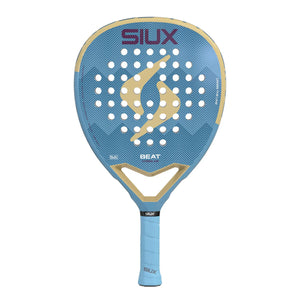 A light blue Siux padel racket with cream accents and purple branding on a white background.