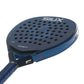 The face of a blue Siux padel racket with white branding on a white background.