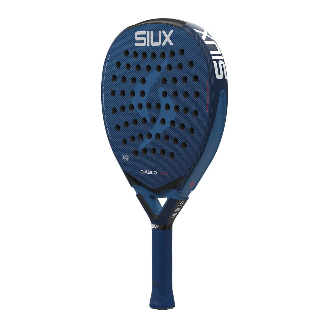 A blue Siux padel racket with white branding on a white background.
