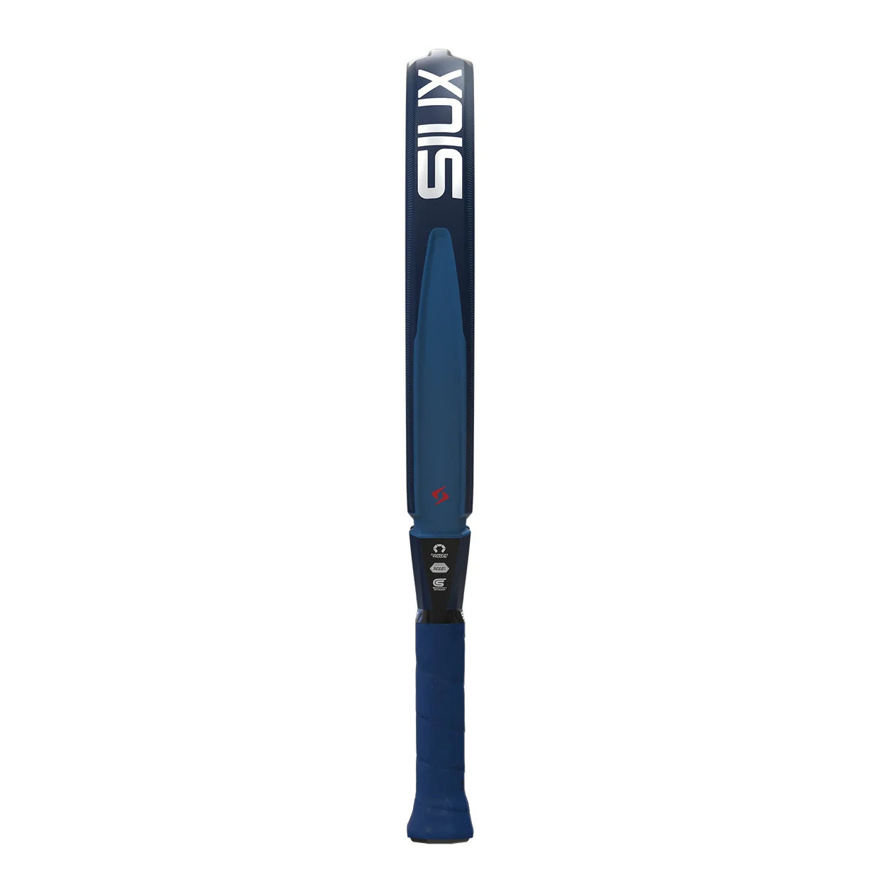 The side of a blue Siux padel racket with white branding on a white background.